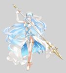  absurdres anklet aqua_(fire_emblem_if) barefoot blue_hair dress elbow_gloves fire_emblem fire_emblem_if full_body gloves hair_between_eyes hairband highres jewelry kozaki_yuusuke long_hair looking_at_viewer necklace official_art polearm ribbon simple_background solo spear veil very_long_hair weapon yellow_eyes 
