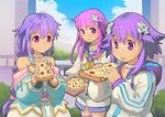  choker cloud d-pad d-pad_hair_ornament day food hair_ornament holding_pizza hood hoodie multiple_girls nepgear neptune_(choujigen_game_neptune) neptune_(series) pink_hair pizza purple_eyes purple_hair pururut segamark sky 