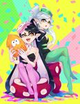  2girls :d :o aori_(splatoon) bad_id bad_pixiv_id bare_shoulders black_hair blush breasts chestnut_mouth cleavage cousins crossed_legs detached_collar domino_mask dress earrings eyebrows fangs food food_on_head gloves green_legwear hair_rings highres holding hotaru_(splatoon) jewelry konomoto_(knmtzzz) large_breasts long_hair long_legs mask mole mole_under_eye multiple_girls no_shoes object_on_head open_mouth orange_eyes outline paint paint_splatter pantyhose pointy_ears purple_legwear short_dress short_hair short_jumpsuit silver_hair sitting smile splatoon_(series) splatoon_1 squid strapless strapless_dress sushi symbol-shaped_pupils tentacle_hair thick_eyebrows unitard white_gloves 