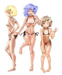  3girls bikini blonde_hair blue_eyes blue_hair blush breasts brown_eyes brown_hair butt_crack elline_d flat_chest gluteal_fold keyhole large_breasts lunasa_prismriver lyrica_prismriver merlin_prismriver multiple_girls simple_background small_breasts smile swimsuit touhou yellow_eyes 
