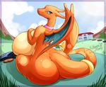  bell big_breasts big_butt breasts butt charizard collar cookie dragon female fire food grass green_eyes hand_on_breast huge_breasts leonkatlovre looking_at_viewer looking_back nintendo pok&eacute;mon sitting tagme video_games wings 