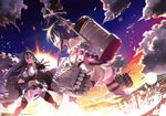  bare_shoulders black_hair braid cloud elbow_gloves gloves hairband headgear kantai_collection kazekawa_nagi kitakami_(kantai_collection) long_hair multiple_girls nagato_(kantai_collection) ocean red_eyes school_uniform serafuku skirt sky sunset thighhighs torpedo turret 