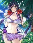 asa_(teng_zi) bad_id bad_pixiv_id beach bikini blush breasts day green_eyes large_breasts long_hair looking_at_viewer love_live! love_live!_school_idol_project palm_tree purple_hair smile solo swimsuit toujou_nozomi towel tree twintails 