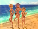 3girls ass bikini blonde_hair blue_eyes blue_hair blush breasts brown_eyes brown_hair butt_crack elline_d flat_chest gluteal_fold keyhole large_breasts lunasa_prismriver lyrica_prismriver merlin_prismriver multiple_girls ocean sea small_breasts smile swimsuit touhou yellow_eyes 