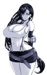  amamiya_(abaros) arms_behind_back bare_shoulders black_hair breasts cleavage curvy earrings final_fantasy final_fantasy_vii huge_breasts jewelry long_hair midriff miniskirt monochrome skirt smile solo suspender_skirt suspenders thick_thighs thighs tifa_lockhart very_long_hair white_background wide_hips 