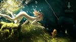  air_bubble barefoot breasts bubble clownfish freediving highres holding_breath jay_zhang long_hair navel nipples nude orange_hair original small_breasts solo submerged twintails underwater yellow_eyes 