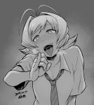  androgynous antenna_hair blush collarbone copyright_request dated flipped_hair greyscale heavy_breathing komi-san_wa_komyushou_desu looking_at_viewer loose_necktie monochrome necktie open_mouth oral_invitation osana_najimi pinky_out saliva short_hair short_sleeves solo symbol-shaped_pupils tongue tongue_out tsukudani_(coke-buta) 