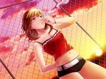 against_fence arm_behind_back audrey_belrose belt blonde_hair bracelet breasts brown_hair camisole chain-link_fence cigarette cloud cutoffs delinquent dutch_angle evening fence game_cg highres huniepop jewelry midriff multicolored_hair navel ninamo non-web_source outdoors red_eyes short_hair short_shorts shorts sky small_breasts smoke smoking solo spaghetti_strap sunset two-tone_hair white_belt 
