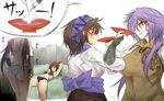  bandages brown_eyes brown_hair cup drugged drunk earrings flower fundoshi hair_flower hair_ornament hairband imminent_rape japanese_clothes jewelry jiao_bei_jiu lavender_eyes lavender_hair locked_arms long_hair manatsu_no_yo_no_inmu multiple_girls ryuuichi_(f_dragon) sakazuki siblings sisters sleeping tattoo touhou tsukumo_benben tsukumo_yatsuhashi 