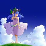  alternate_costume bare_shoulders barefoot blue_hair blue_sky blush bracelet breasts cloud collarbone day dress food fruit grass hand_on_headwear highres hinanawi_tenshi jewelry long_hair looking_to_the_side outdoors peach petite red_eyes see-through_silhouette sky small_breasts smile solo strapless strapless_dress tanasuke touhou walking wind 