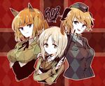  animal_ears blue_eyes brave_witches brown_eyes dog_ears edytha_rossmann fox_ears garrison_cap gundula_rall hand_on_hip hands_on_hips hat holding kodamari light_brown_hair long_hair long_sleeves military military_uniform multiple_girls one_eye_closed orange_hair pointer ribbon short_hair silver_hair simple_background smile sweatdrop uniform upper_body vest waltrud_krupinski wolf_ears world_witches_series 