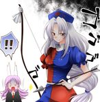  0_0 2girls animal_ears arrow bow_(weapon) brown_eyes bunny_ears commentary_request hat hotbuggy long_hair multiple_girls pink_hair reisen_udongein_inaba silver_hair spoken_exclamation_mark touhou very_long_hair weapon yagokoro_eirin 