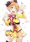  :d blush bow chiigo flower hair_bow hair_flower hair_ornament hoshizora_rin looking_at_viewer love_live! love_live!_school_idol_project open_mouth orange_hair petals short_hair skirt smile solo sunny_day_song thighhighs waving yellow_eyes 