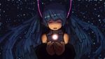  aqua_hair bare_shoulders closed_eyes commentary_request dark detached_sleeves hatsune_miku headphones highres light long_hair moifactory open_mouth sky solo star star_(sky) starry_background starry_sky upper_body vocaloid 
