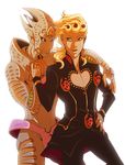  arm_around_neck backlighting blonde_hair blue_eyes dated giorno_giovanna gold_experience_requiem hand_on_hip highres jojo_no_kimyou_na_bouken lahteh multiple_boys signature stand_(jojo) 
