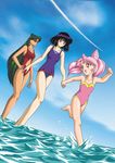  bare_legs bishoujo_senshi_sailor_moon black_hair bob_cut casual_one-piece_swimsuit chibi_usa day double_bun earrings full_body green_hair hair_bun hino_ryutaro holding_hands jewelry long_hair meiou_setsuna multiple_girls navel navel_cutout one-piece_swimsuit pink_hair pink_swimsuit purple_eyes purple_shirt red_eyes red_swimsuit running shirt short_hair standing sunglasses swimsuit tomoe_hotaru twintails water 