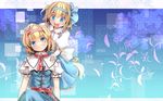  alice_margatroid alice_margatroid_(pc-98) blonde_hair blue_background blue_bow blue_dress blue_eyes blue_hairband blush bow capelet culter dress dual_persona eyelashes hair_ribbon hairband hand_on_another's_head hand_on_head hand_on_shoulder head_tilt highres multiple_girls open_mouth puffy_sleeves red_ribbon ribbon sash shirt short_hair short_sleeves sitting skirt smile suspenders time_paradox touhou touhou_(pc-98) wallpaper 