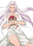  1girl breasts dress female flower himiko_(ikkitousen) ikkitousen large_breasts long_hair official_art purple_eyes solo wedding_dress white_background 
