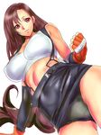  bad_id bad_pixiv_id bare_shoulders black_panties breasts brown_hair dodai_shouji final_fantasy final_fantasy_vii fingerless_gloves gloves highres large_breasts long_hair looking_at_viewer looking_down panties pink_eyes simple_background skirt solo suspender_skirt suspenders thighs tifa_lockhart underwear very_long_hair white_background 