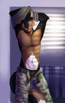  2015 anthro bedroom bedroom_eyes brown_eyes camo canine clothing dog german_shepherd half-closed_eyes male mammal military pants pinup pose shariea shirt solo tail_between_legs underwear undressing unzipped 