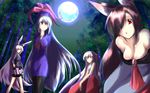  absurdres animal_ears bamboo bamboo_forest bare_shoulders bike_shorts blue_hair breasts brooch brown_hair bunny_ears cleavage collarbone dress fang forest fujiwara_no_mokou full_moon hair_over_one_eye hair_ribbon hat highres imaizumi_kagerou jewelry kamishirasawa_keine large_breasts long_hair long_sleeves looking_at_viewer moon multiple_girls nature nonbiri-silver open_mouth pants pantyhose purple_hair red_eyes reisen_udongein_inaba ribbon silver_hair sitting skirt smile touhou very_long_hair weapon wolf_ears 