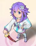  :&gt; blue_eyes choker collarbone d-pad d-pad_hair_ornament full_body hair_ornament hand_on_hilt hand_on_hip hood hooded_track_jacket jacket looking_at_viewer neptune_(choujigen_game_neptune) neptune_(series) purple_hair segamark sheath sheathed shoes smile solo striped striped_legwear sword thighhighs track_jacket weapon 