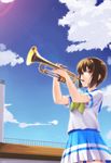  bangs brown_hair cloud day hibike!_euphonium highres instrument mizuki_(mizuki_ame) mole mole_under_eye music nakaseko_kaori playing_instrument red_eyes school_uniform short_hair skirt sky solo trumpet 