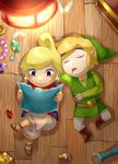  1girl blonde_hair blue_eyes dark_skin drooling from_above full_body link pointy_ears rupee sandals sleeping smile tetra the_legend_of_zelda the_legend_of_zelda:_the_wind_waker toon_link wasabi_(legemd) 