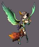  black_hair blue_eyes breasts cleavage cleavage_cutout detached_wings earrings faulds feathered_wings feathers full_body green_wings headband jewelry large_breasts long_hair original single_thighhigh solo steward_b thighhighs wings 