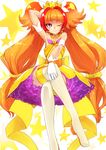  ;) amanogawa_kirara aosa_(momikin) arm_behind_head bare_shoulders choker cure_twinkle earrings gloves go!_princess_precure highres jewelry long_hair long_legs magical_girl multicolored_hair one_eye_closed orange_hair petticoat precure purple_eyes red_hair smile solo star star_earrings starry_background twintails two-tone_hair white_gloves 