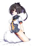  akizuki_(kantai_collection) black_hair blue_eyes blush bottomless breasts gloves hairband headgear henet_hene impossible_clothes kantai_collection medium_breasts pillow_straddling ponytail school_uniform serafuku short_hair short_sleeves solo straddling white_gloves 