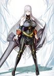  bare_shoulders breasts covered_nipples ere_(2516325) expressionless highres huge_breasts lips long_hair military military_uniform pantyhose polearm red_eyes selvaria_bles senjou_no_valkyria shadow shield silver_hair solo spear uniform very_long_hair weapon wind 