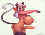  2015 anthro balls big_balls big_breasts big_penis bottomless bovine breasts cattle clothed clothing cum cyancapsule dickgirl ear_piercing hair half-dressed horn intersex lactating long_hair mammal open_mouth penis piercing plain_background rosie_(cyancapsule) solo sweater white_background 