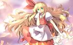 \n/ blonde_hair blush bow cat cloud cloudy_sky culter dress ellen green_eyes hair_bow hair_ribbon hand_on_own_face heart highres large_bow long_hair red_dress red_footwear ribbon shoes short_sleeves sky sokrates_(touhou) touhou touhou_(pc-98) very_long_hair wallpaper white_cat 