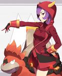  bad_id bad_nicoseiga_id camerupt cowboy_shot fake_horns gen_3_pokemon gloves hand_on_hip highres hood hoodie horned_headwear horns kagari_(pokemon) kinta_(distortion) mega_camerupt mega_pokemon outstretched_arm pokemon pokemon_(creature) pokemon_(game) pokemon_oras profile purple_eyes purple_hair ribbed_sweater short_hair sweater 