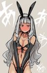  animal_ears bikini black_bikini black_gloves blush breast_squeeze breasts brown_eyes bunny_ears cleavage elbow_gloves fake_animal_ears full-face_blush gloves grey_hair idolmaster idolmaster_(classic) large_breasts long_hair looking_at_viewer navel shijou_takane smile solo sweatdrop swimsuit ysmmzr 