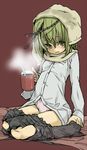  antennae coffee cup dress_shirt green_eyes green_hair harukaze_unipo long_sleeves looking_at_viewer mug panties shirt shorts shorts_pull sitting sock_pull touhou towel towel_around_neck towel_on_head underwear wariza wriggle_nightbug 