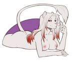  2015 anthro breasts butt feline female fur hair lion long_hair looking_at_viewer lying mammal multicolored_hair nipples red_eyes red_hair smirk solo spearfrost white_fur white_hair 