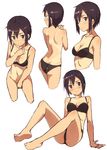  ass bad_id bad_pixiv_id barefoot black_bra black_eyes black_hair blush bottomless bra covering covering_crotch cropped_arms cropped_legs kinta_(distortion) multiple_views navel one-piece_tan original short_hair simple_background sitting sketch smile tan tanline topless underwear white_background 