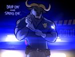  2015 anthro belt bgn bovine cattle character_from_animated_feature_film clothed clothing dialogue disney flashlight gloves horn imminent_rape looking_at_viewer male mammal muscles night police solo text uniform zootopia 