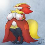  2015 3_fingers 3_toes anthro areola bantar2 big_breasts blush breasts canine chest_tuft chubby claws delphox eyelashes female fox fur huge_breasts inner_ear_fluff inverted_nipples lactating mammal nintendo nipples nude plain_background pok&eacute;mon pussy pussy_juice red_eyes red_fur solo standing thick_thighs toes tuft video_games wavy_mouth white_fur wide_hips yellow_fur 