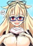  bespectacled breasts cum cum_on_body cum_on_breasts cum_on_upper_body glasses hair_flaps kantai_collection large_breasts long_hair open_mouth patty_(artist) red_eyes remodel_(kantai_collection) smile solo yuudachi_(kantai_collection) 
