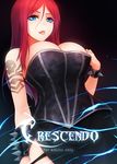 bare_shoulders blue_eyes breasts bursting_breasts cleavage cover cover_page highres large_breasts league_of_legends long_hair looking_at_viewer low_neckline pentakill pentakill_sona red_hair ricegnat smile solo sona_buvelle spikes tattoo tongue tongue_out 