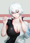  bad_id bad_pixiv_id blush breasts cleavage covered_nipples genderswap genderswap_(mtf) gintama hand_on_own_neck highres kunaboto large_breasts looking_at_viewer pregnancy_test red_eyes sakata_ginko short_hair white_hair 