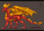  2014 annoying_watermark claws digitigrade dragon feral flame_the_dragon frill grey_background hi_res horn kitty_silence male orange_eyes plain_background red_scales reflection scalie side_view smile solo spyro_the_dragon video_games watermark wings yellow_scales 