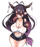  antenna_hair bare_shoulders breasts cleavage commentary_request cosplay covered_nipples cowboy_shot danua draph final_fantasy final_fantasy_vii fingerless_gloves gloves granblue_fantasy hair_between_eyes horn_ornament horns huge_breasts large_breasts long_hair low-tied_long_hair midriff miniskirt navel niwakaame_(amayadori) pencil_skirt pointy_ears purple_hair red_eyes skirt solo suspender_skirt suspenders tank_top thigh_gap thumb_sucking tifa_lockhart tifa_lockhart_(cosplay) very_long_hair white_background wide_hips 