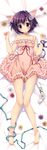  absurdres animal_ears barefoot bell bell_choker blue_ribbon blush cat_ears cat_tail choker dakimakura dress floral_print flower frilled_choker frilled_dress frills full_body green_eyes green_ribbon hair_flower hair_ornament hands_up highres huge_filesize knees_together_feet_apart looking_at_viewer lying nail_polish on_back pink_dress pink_nails purple_hair red_ribbon ribbon ribbon-trimmed_clothes ribbon_trim ryouka_(suzuya) short_hair solo strap_slip tail tail_ribbon 