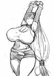  774_(nanashi) arms_up belt breasts cleavage cowboy_shot final_fantasy final_fantasy_vii greyscale huge_breasts long_hair monochrome one_eye_closed sketch skirt solo stretch thick_thighs thighs tifa_lockhart very_long_hair 