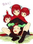  bad_id bad_twitter_id bottle bow cape combing disembodied_head hair_bow hair_dye hichiko open_mouth red_eyes red_hair sekibanki short_hair skirt smile solo tears touhou 