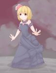  absurdres alternate_costume arched_back arm_garter black_dress blonde_hair choker cloud dress empty_eyes hair_ribbon heart highres looking_at_viewer outstretched_arms pavement red_eyes red_sky ribbon rumia short_hair shou_(ahiru_shinobu) sky smile solo spread_arms strapless strapless_dress touhou 